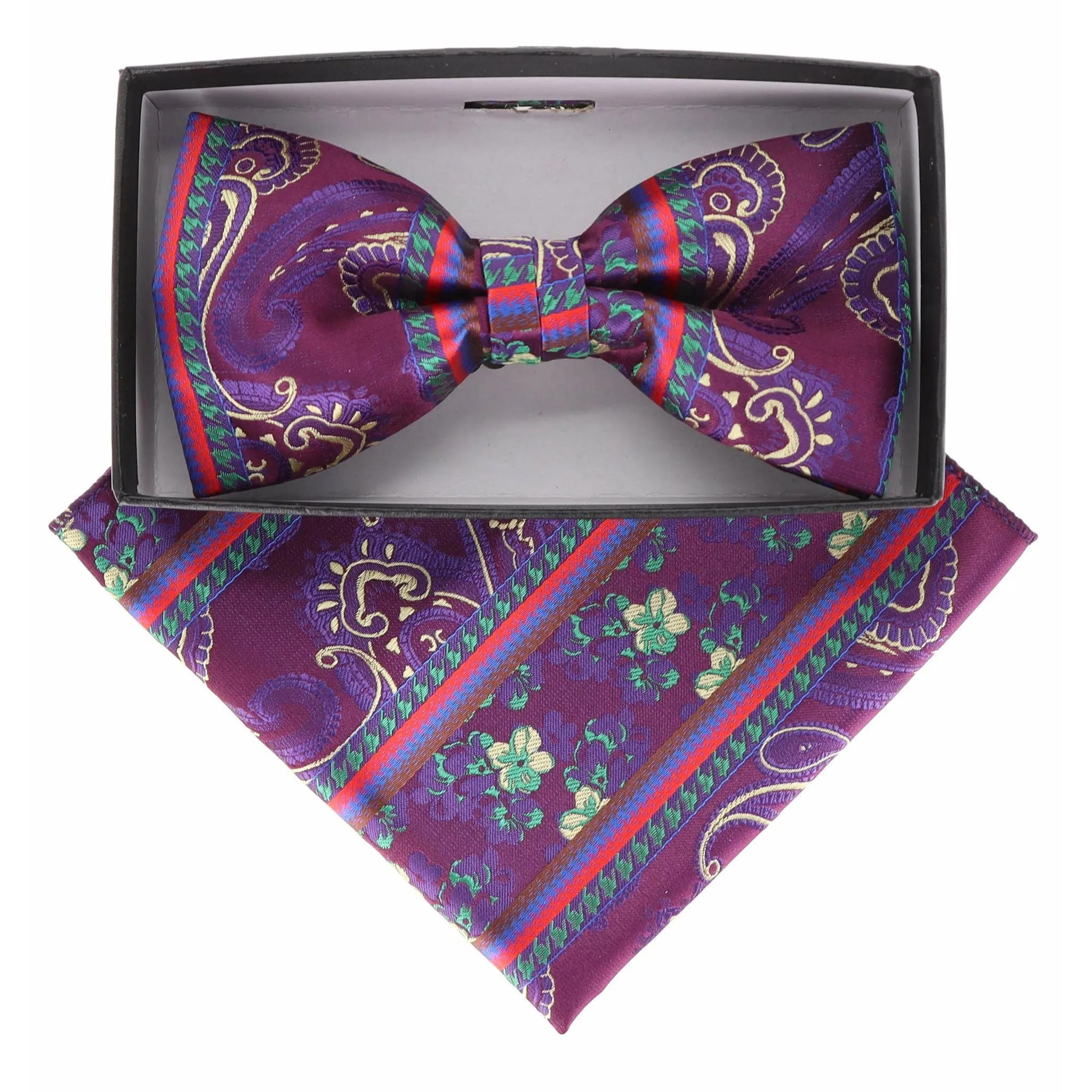 Vittorio Farina Men's Paisley Design Satin Bow Tie & Pocket Square in Gift Box