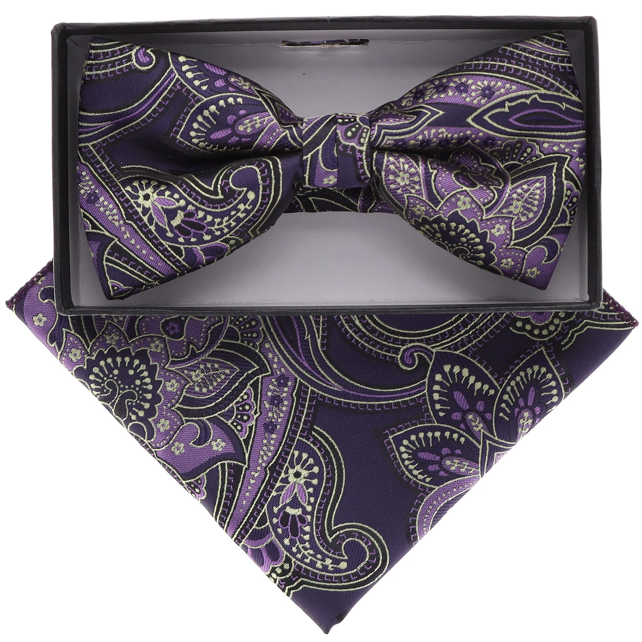 Vittorio Farina Men's Paisley Design Satin Bow Tie & Pocket Square in Gift Box