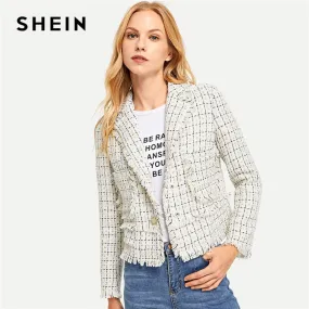 White Elegant Office Lady Button Front Notched Neck Fringe Plaid Blazer