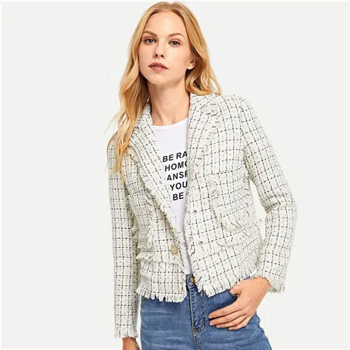 White Elegant Office Lady Button Front Notched Neck Fringe Plaid Blazer