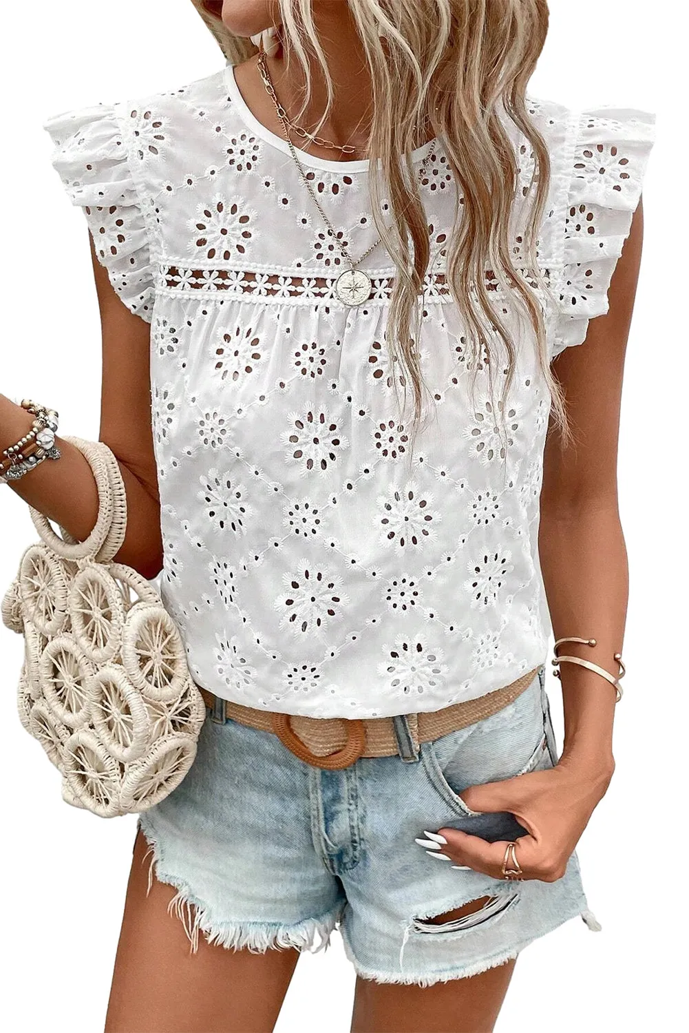 White Eyelet Embroidered Ruffle Shoulder Sleeveless Blouse