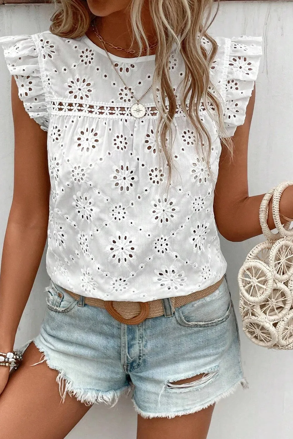 White Eyelet Embroidered Ruffle Shoulder Sleeveless Blouse