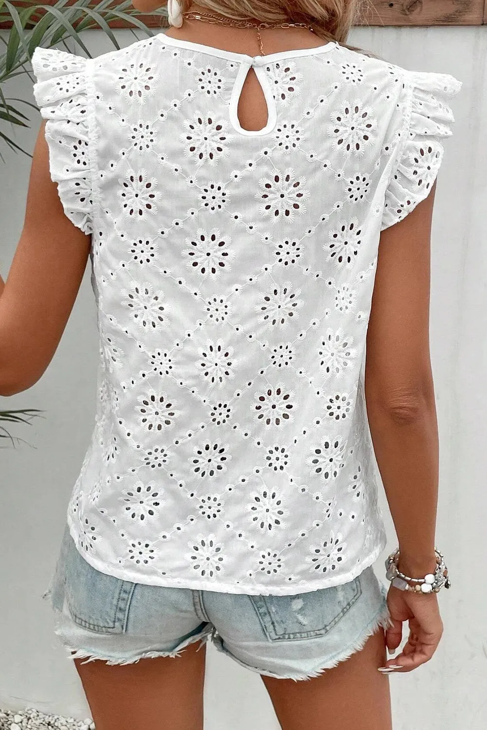 White Eyelet Embroidered Ruffle Shoulder Sleeveless Blouse