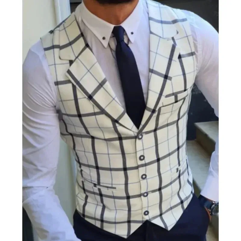 Wiaofellas  -  Men Blazers Vests Slim Fit Business Casual Elegant Stylish Elegant Plaid Print Lapel Collar Single Breasted Blazer Vest for Men