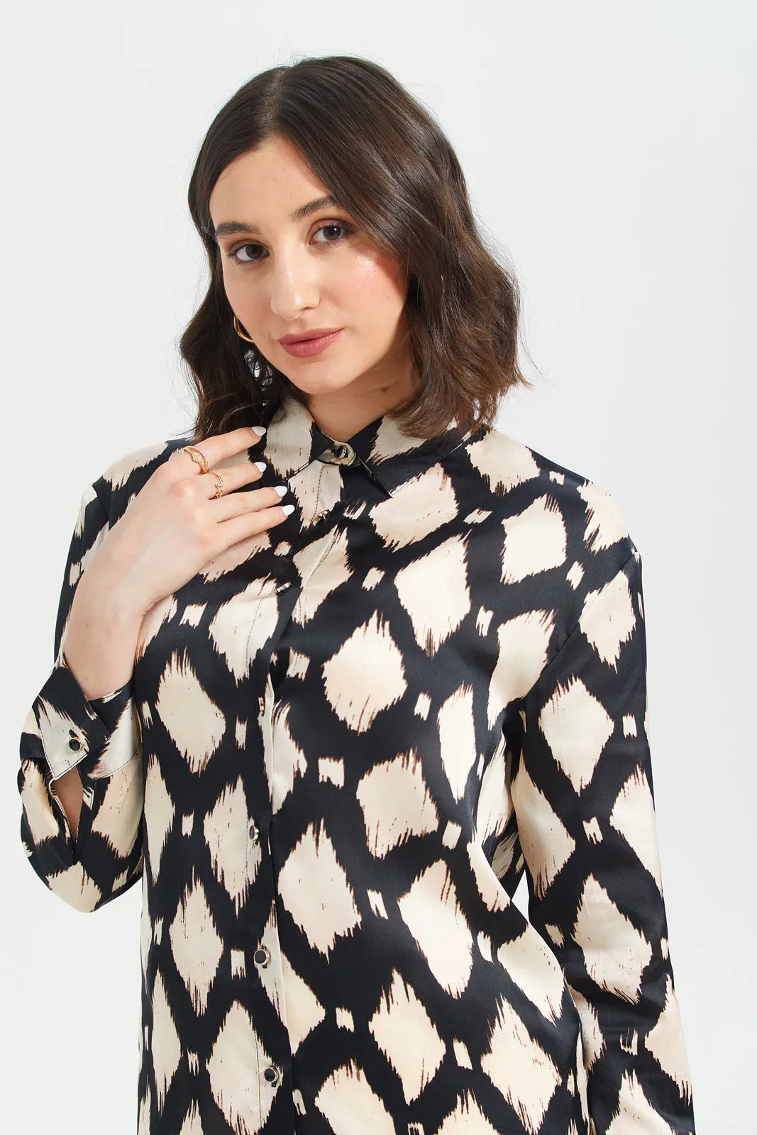 Women Beige And Black Printed Satin Shirt