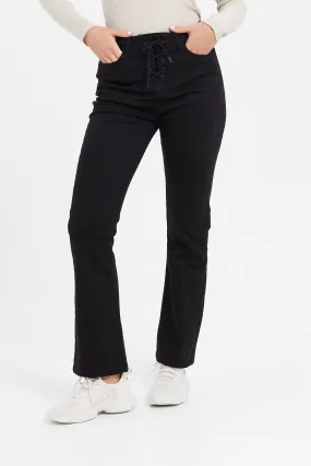 Women Black Eyelet Detail Flare Jeans