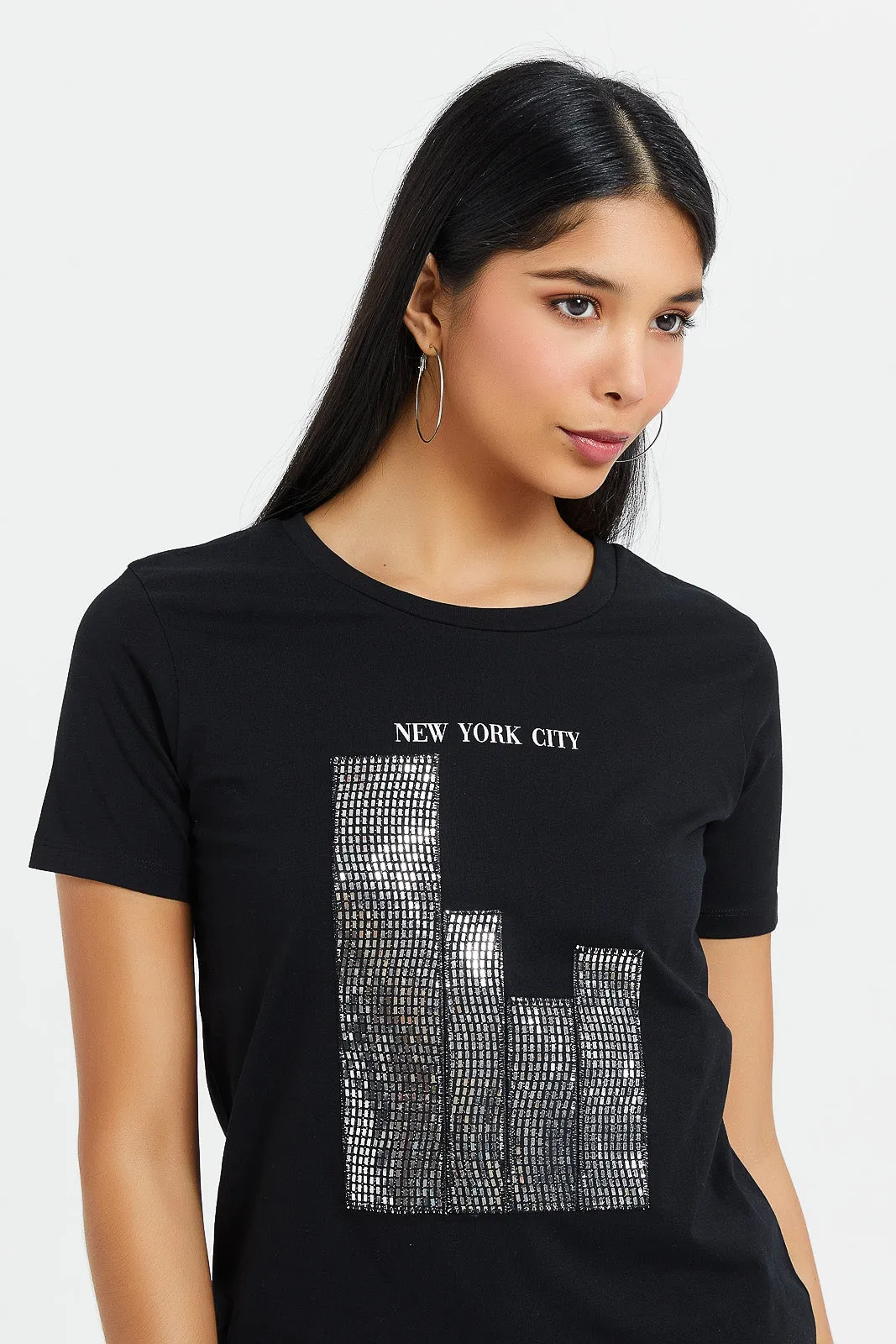 Women Black Sequin T-Shirt