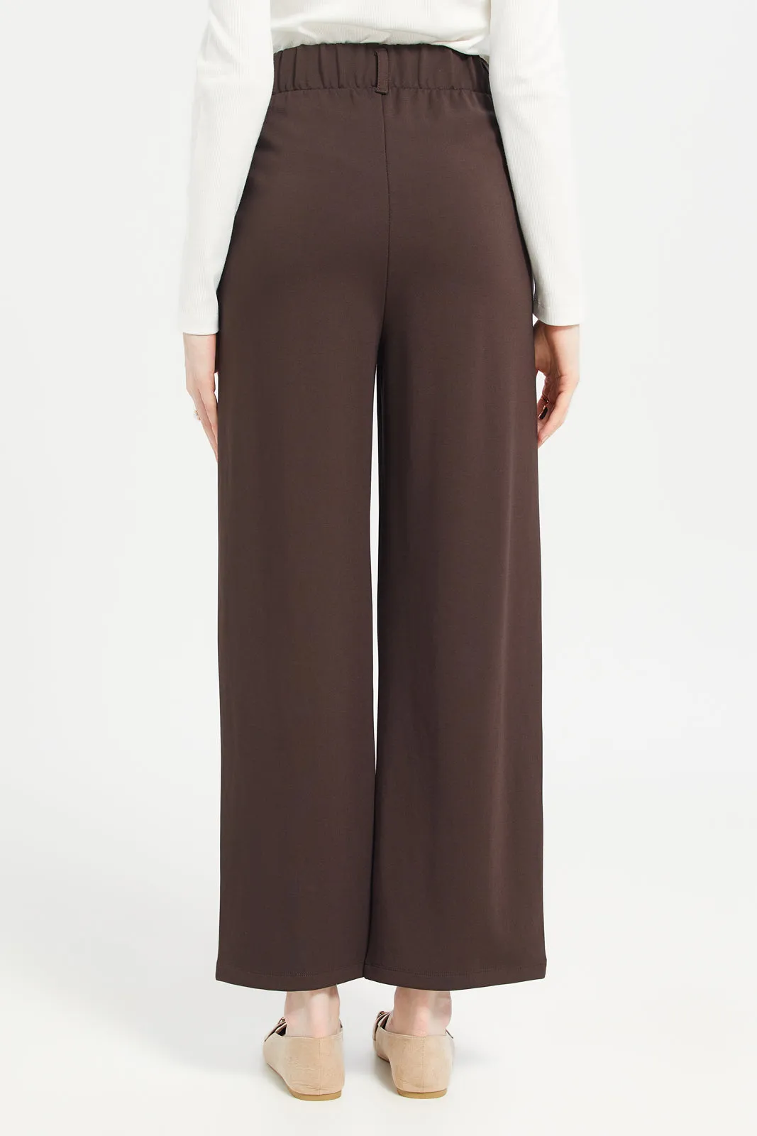 Women Brown High Waist Plain Trouser