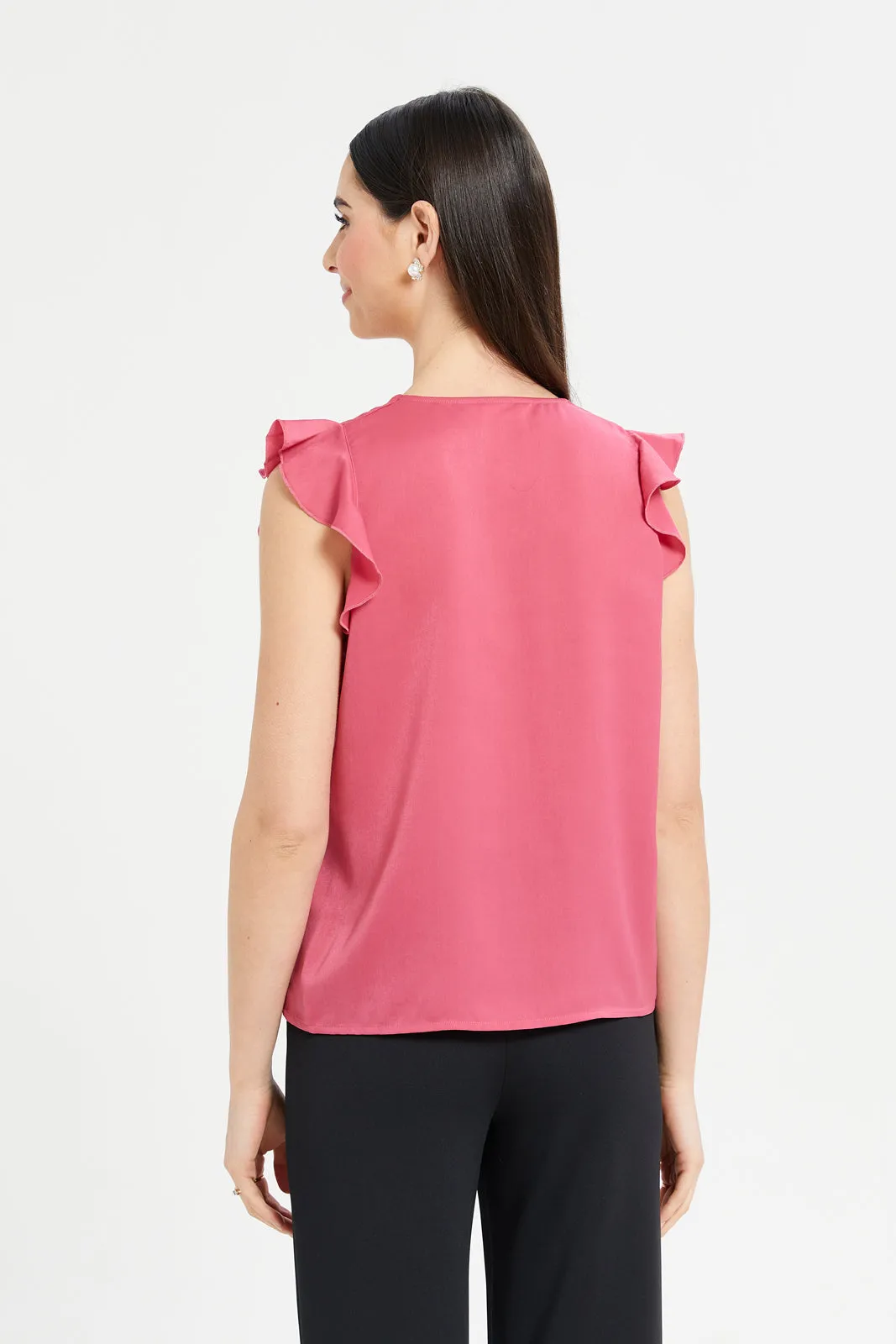 Women Fuchsia Pleat Detail Flowy Top With Flounce Sleeve