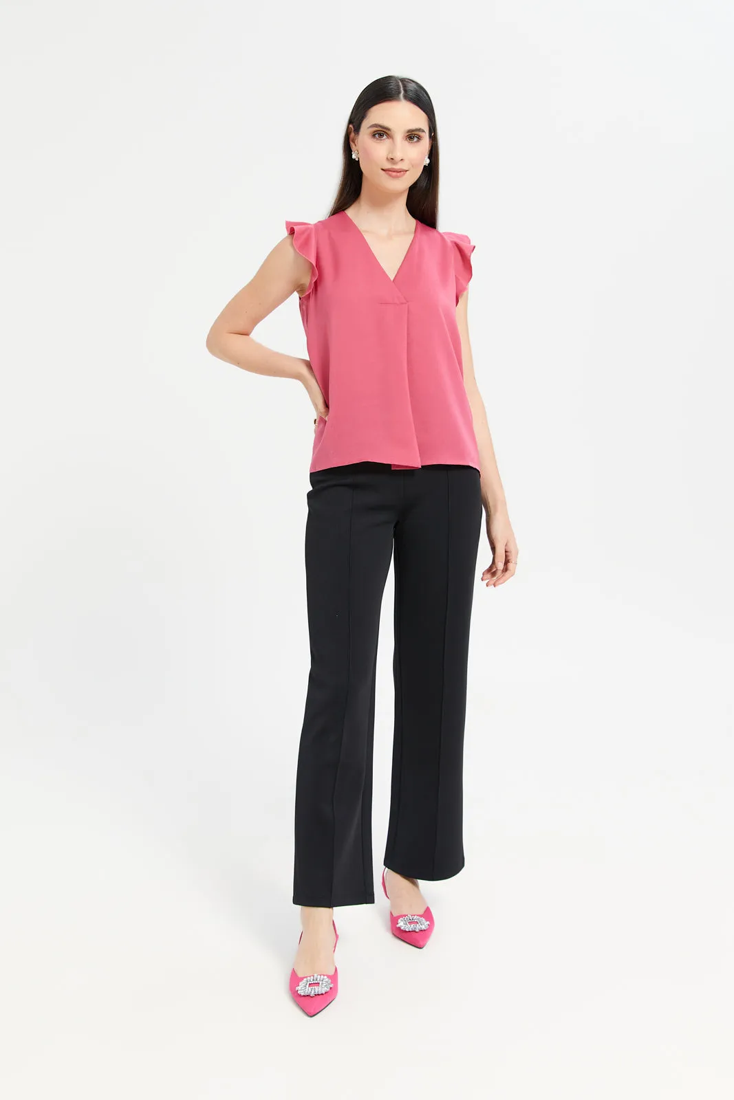 Women Fuchsia Pleat Detail Flowy Top With Flounce Sleeve