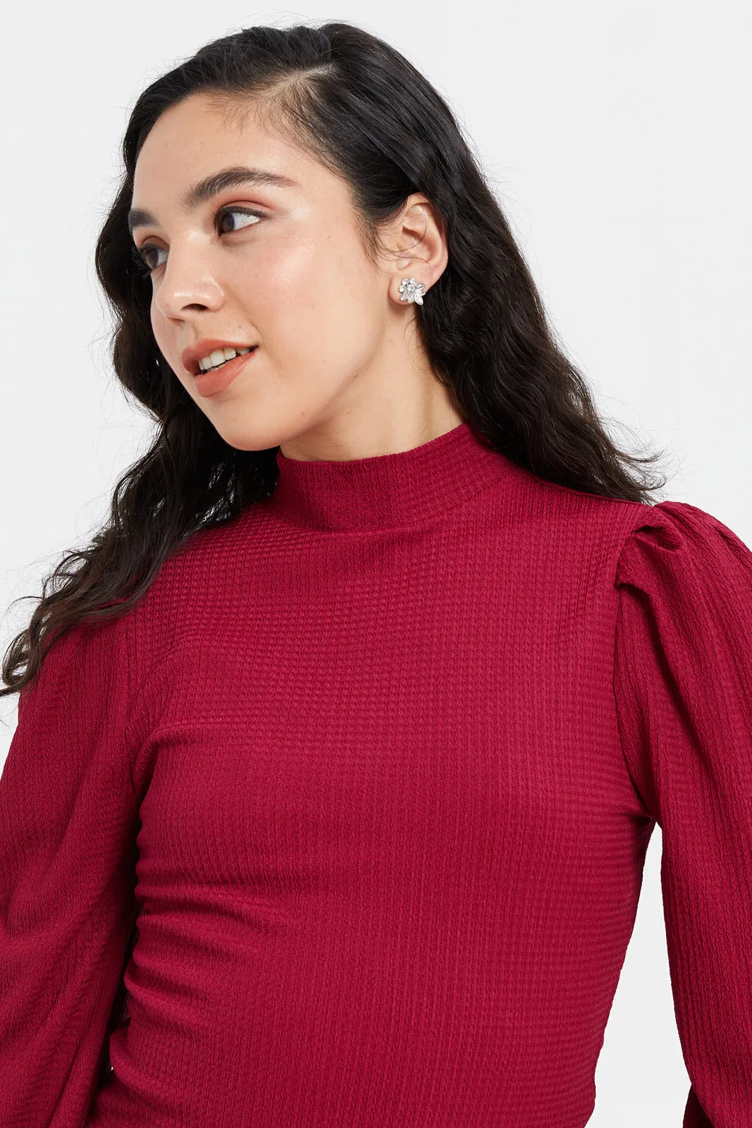 Women Fuchsia Turtle Neck Jersey Top