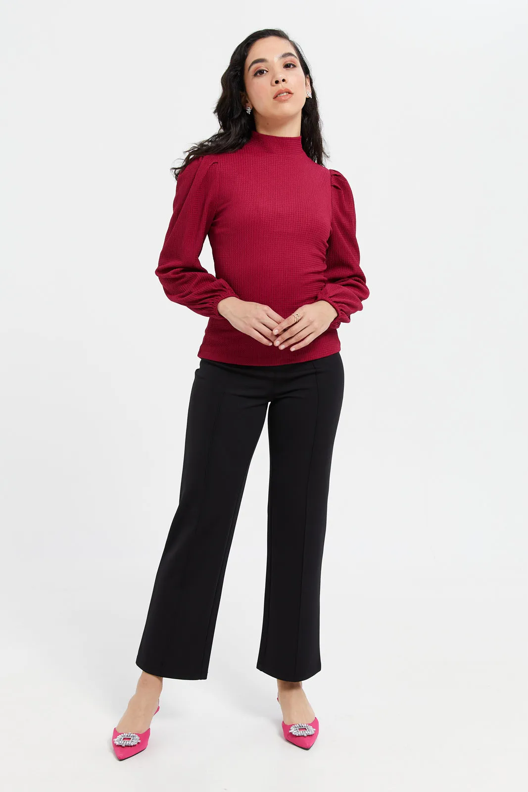 Women Fuchsia Turtle Neck Jersey Top