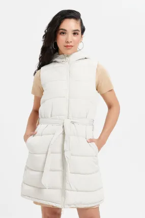 Women Ivory Quilted Longline Waistcoat