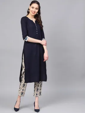 Women Navy Blue & Grey Solid Kurta Set