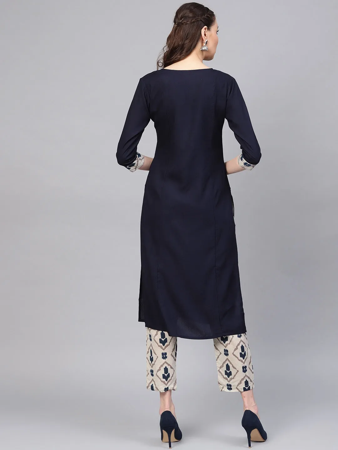 Women Navy Blue & Grey Solid Kurta Set