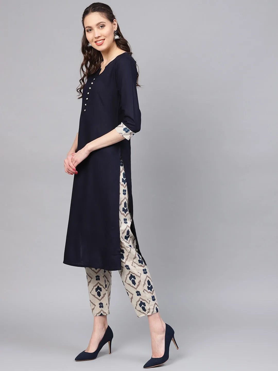 Women Navy Blue & Grey Solid Kurta Set