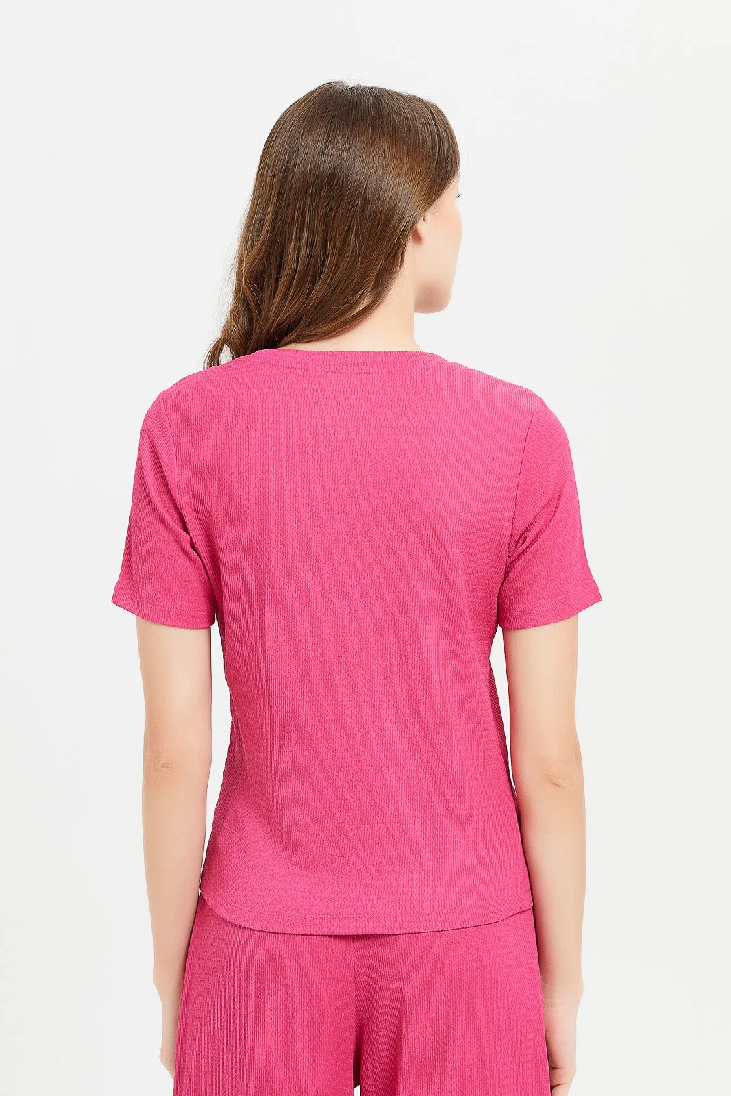 Women Pink Jacquard Short Sleeve T-Shirt