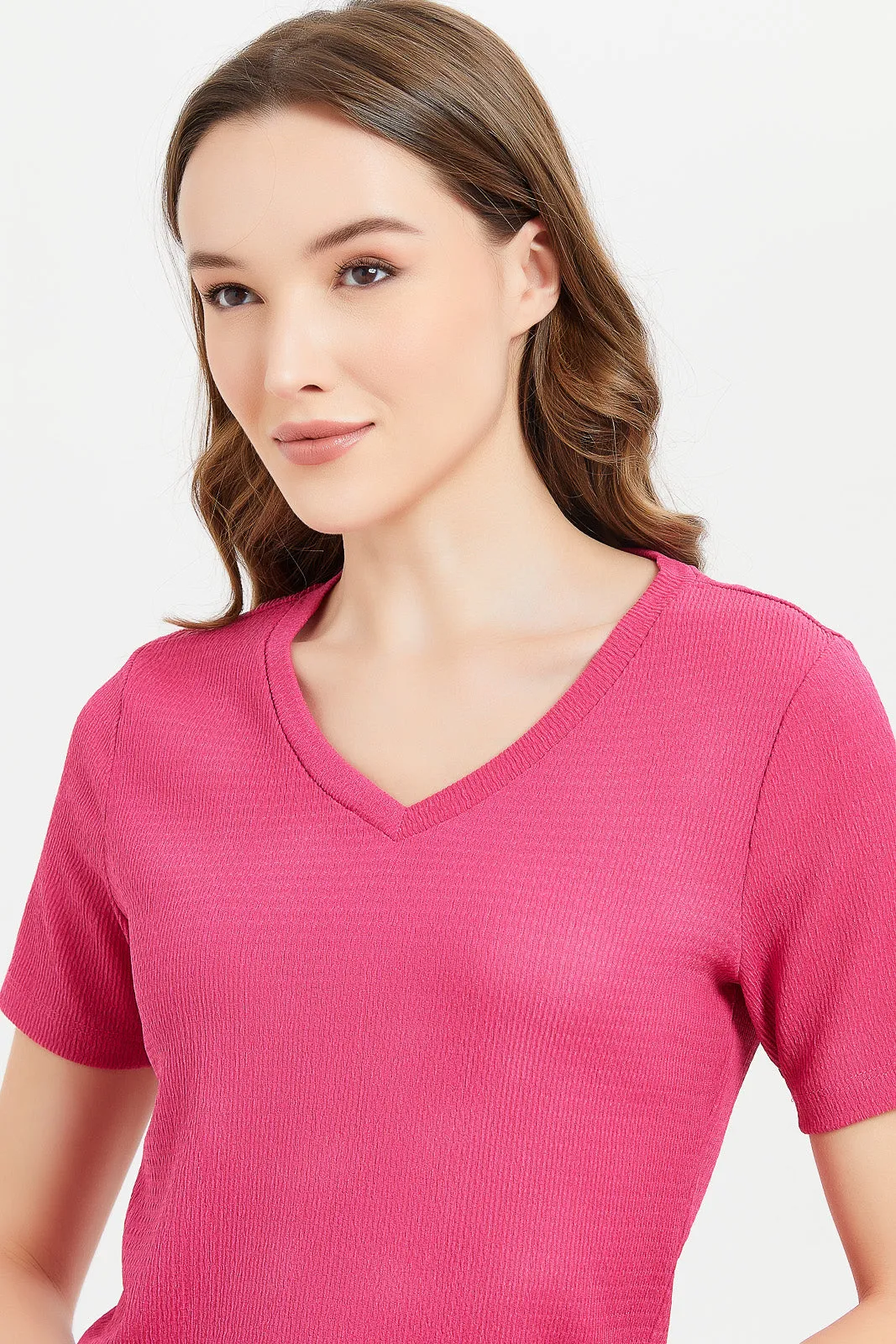 Women Pink Jacquard Short Sleeve T-Shirt