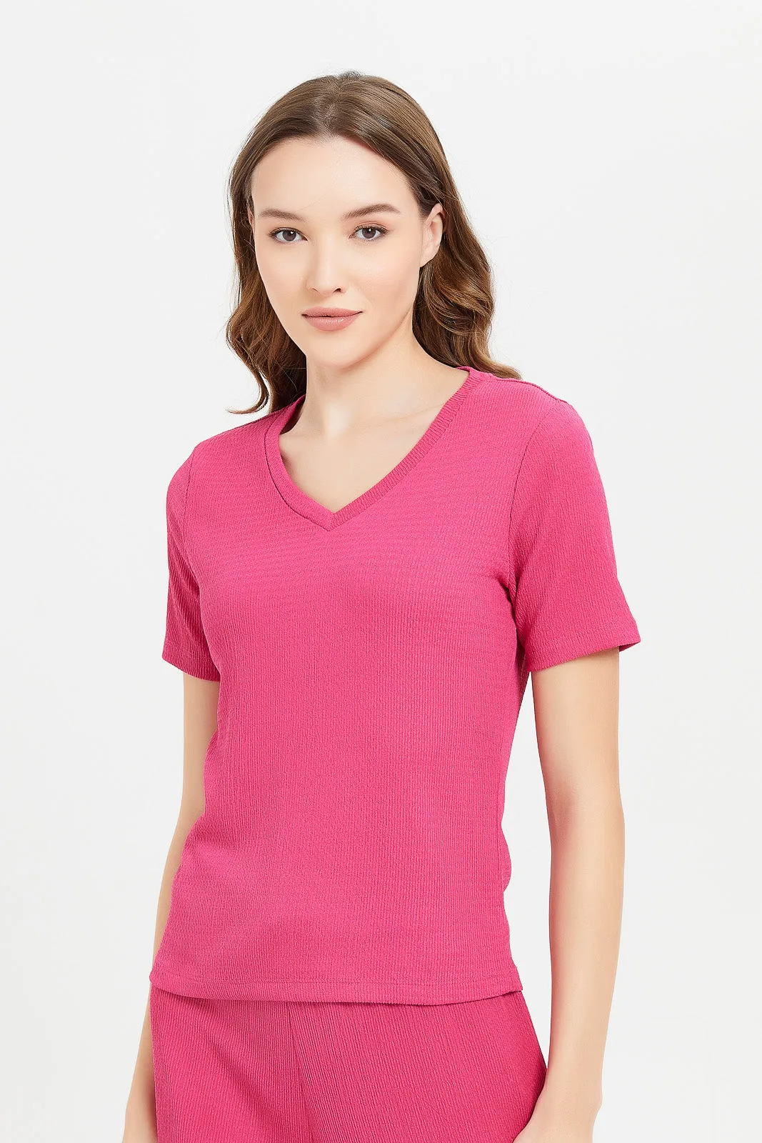 Women Pink Jacquard Short Sleeve T-Shirt