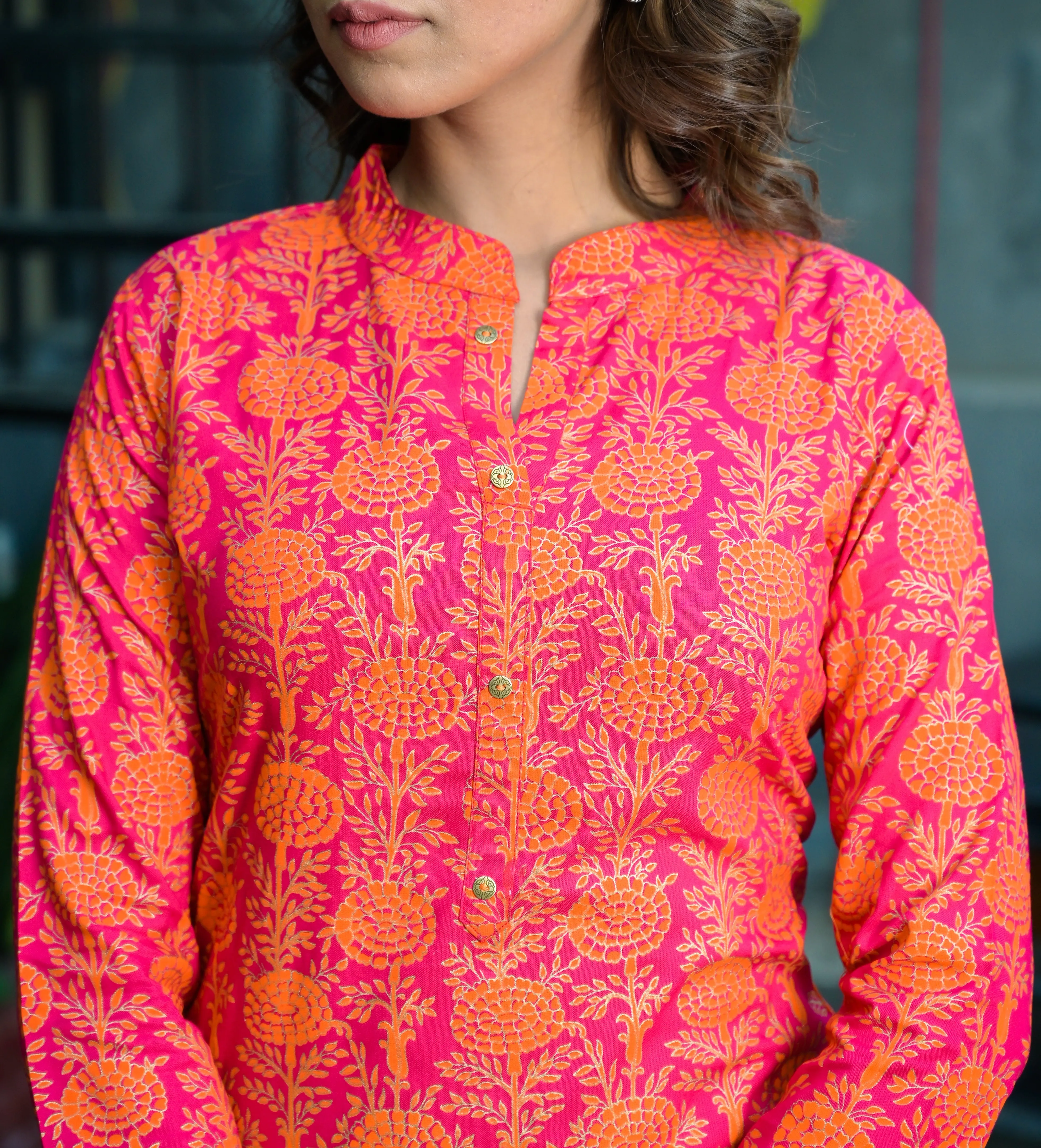 Women Prink And Orange Printed Kurta Set