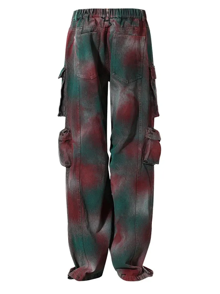 Women's Green & Red Dyed Denim Cargo Jeans