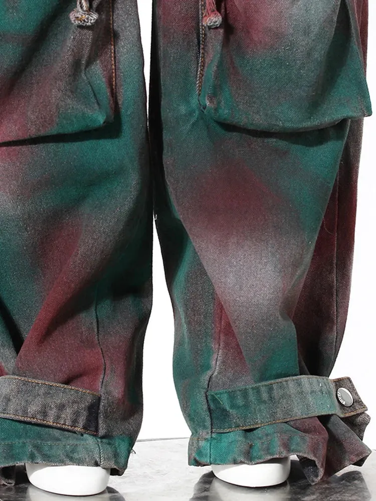 Women's Green & Red Dyed Denim Cargo Jeans