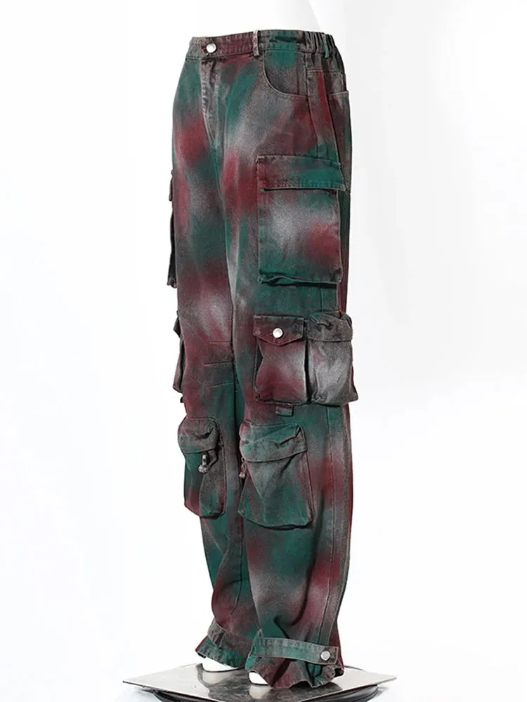 Women's Green & Red Dyed Denim Cargo Jeans