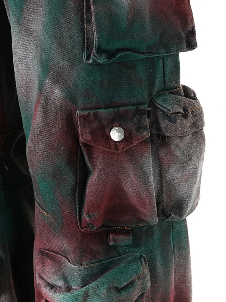 Women's Green & Red Dyed Denim Cargo Jeans