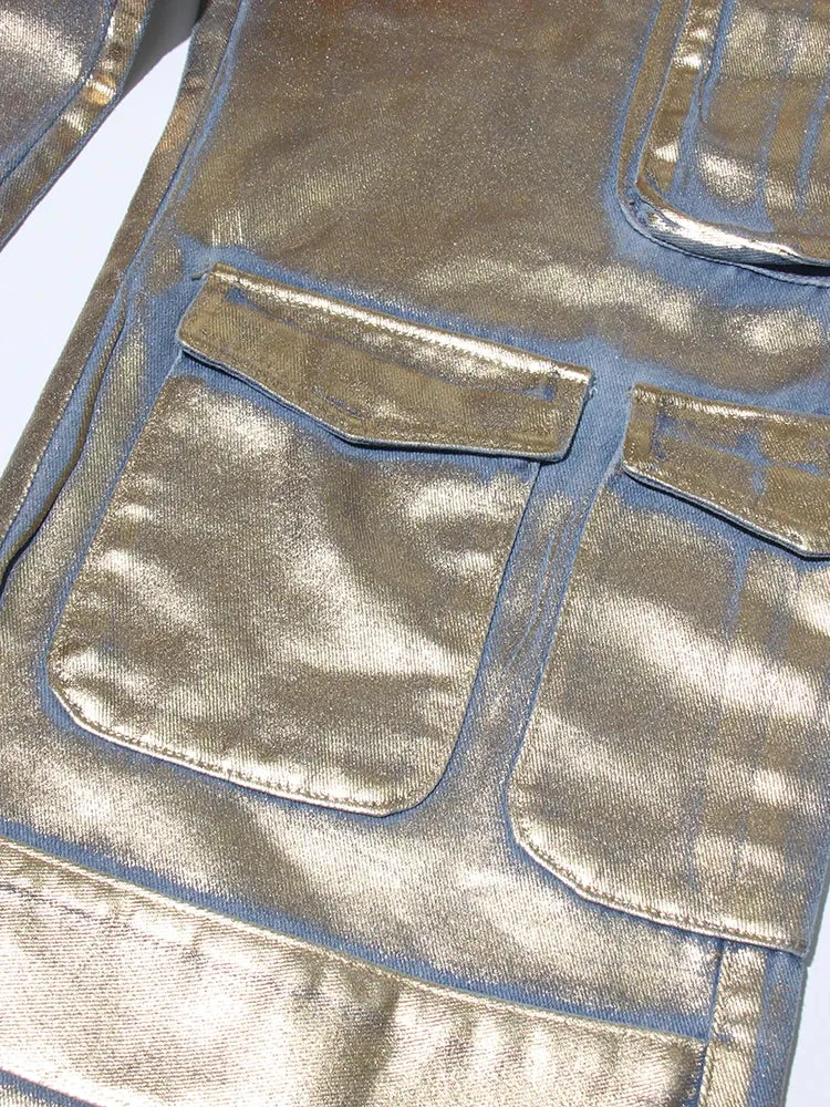 Women's Luxe Gold-Coated Denim Cargo Jeans