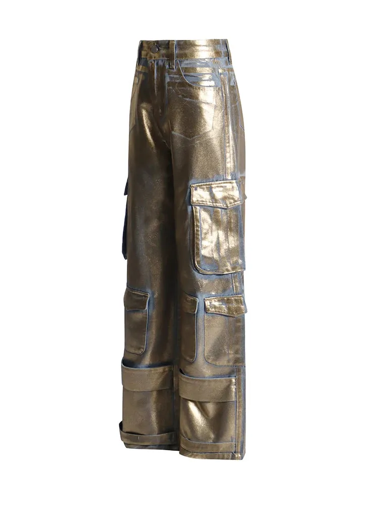 Women's Luxe Gold-Coated Denim Cargo Jeans