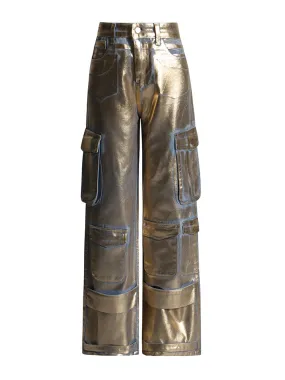 Women's Luxe Gold-Coated Denim Cargo Jeans