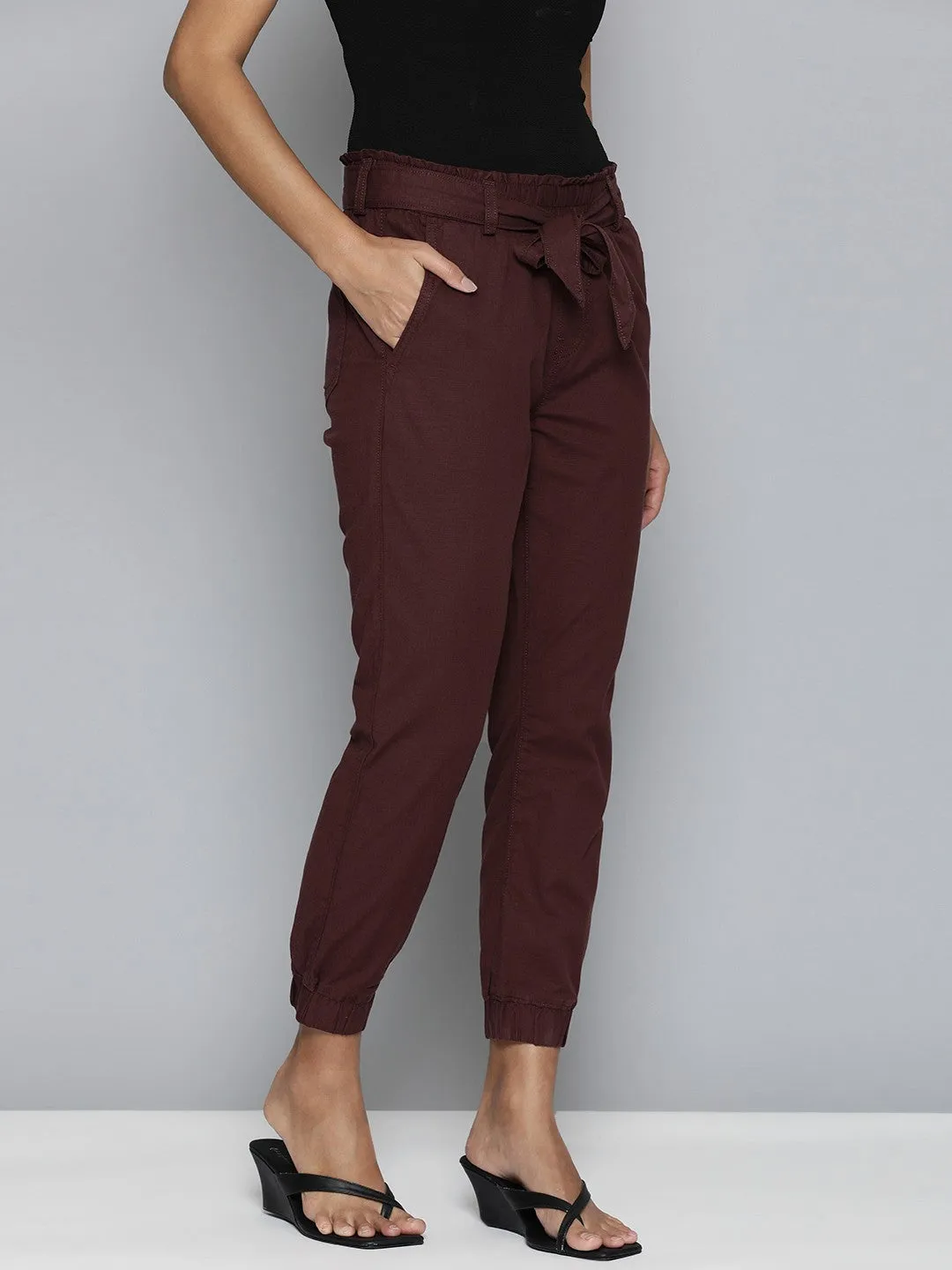 Women's Mid Rise Maroon Baggy Fit Trousers