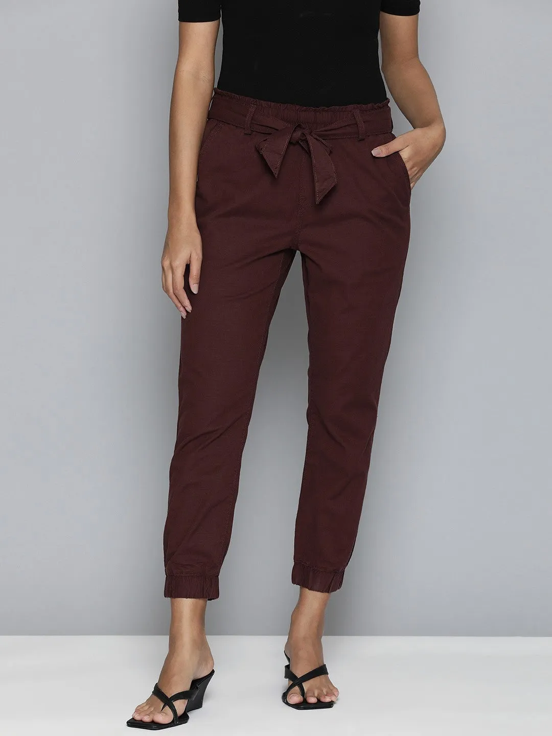 Women's Mid Rise Maroon Baggy Fit Trousers