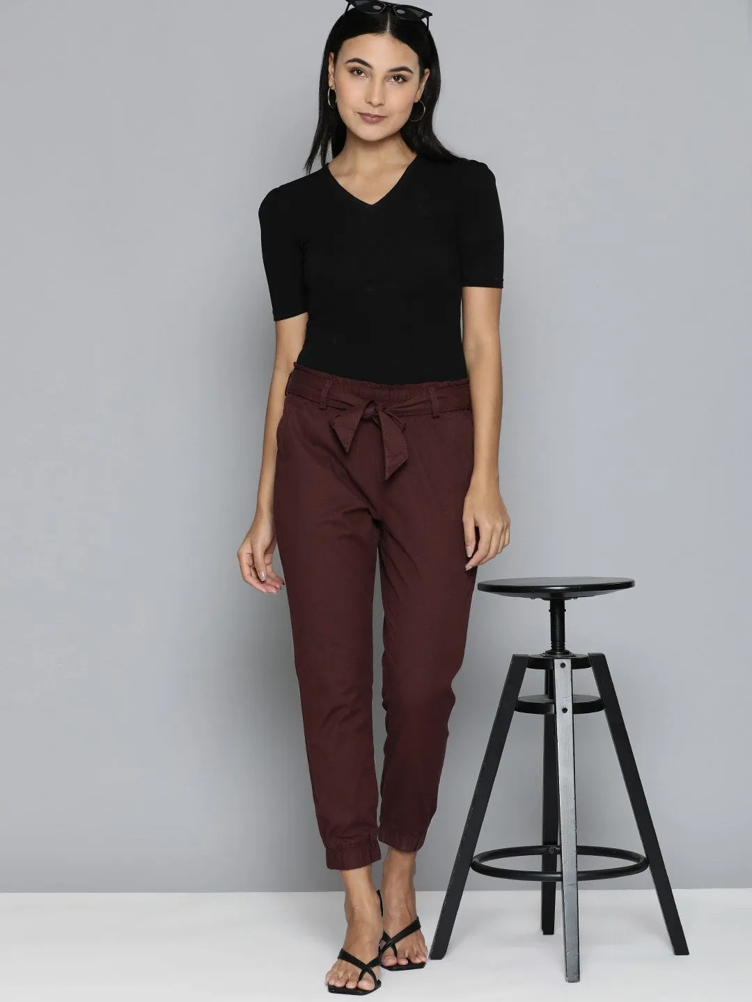 Women's Mid Rise Maroon Baggy Fit Trousers