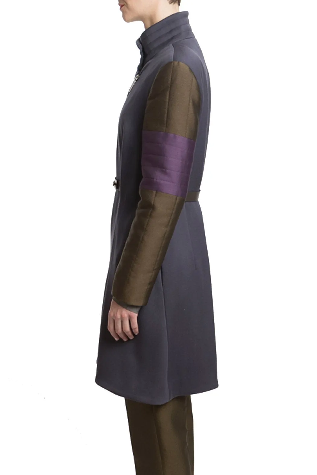 Wool Coat in Grey with Green and Purple Sleeves