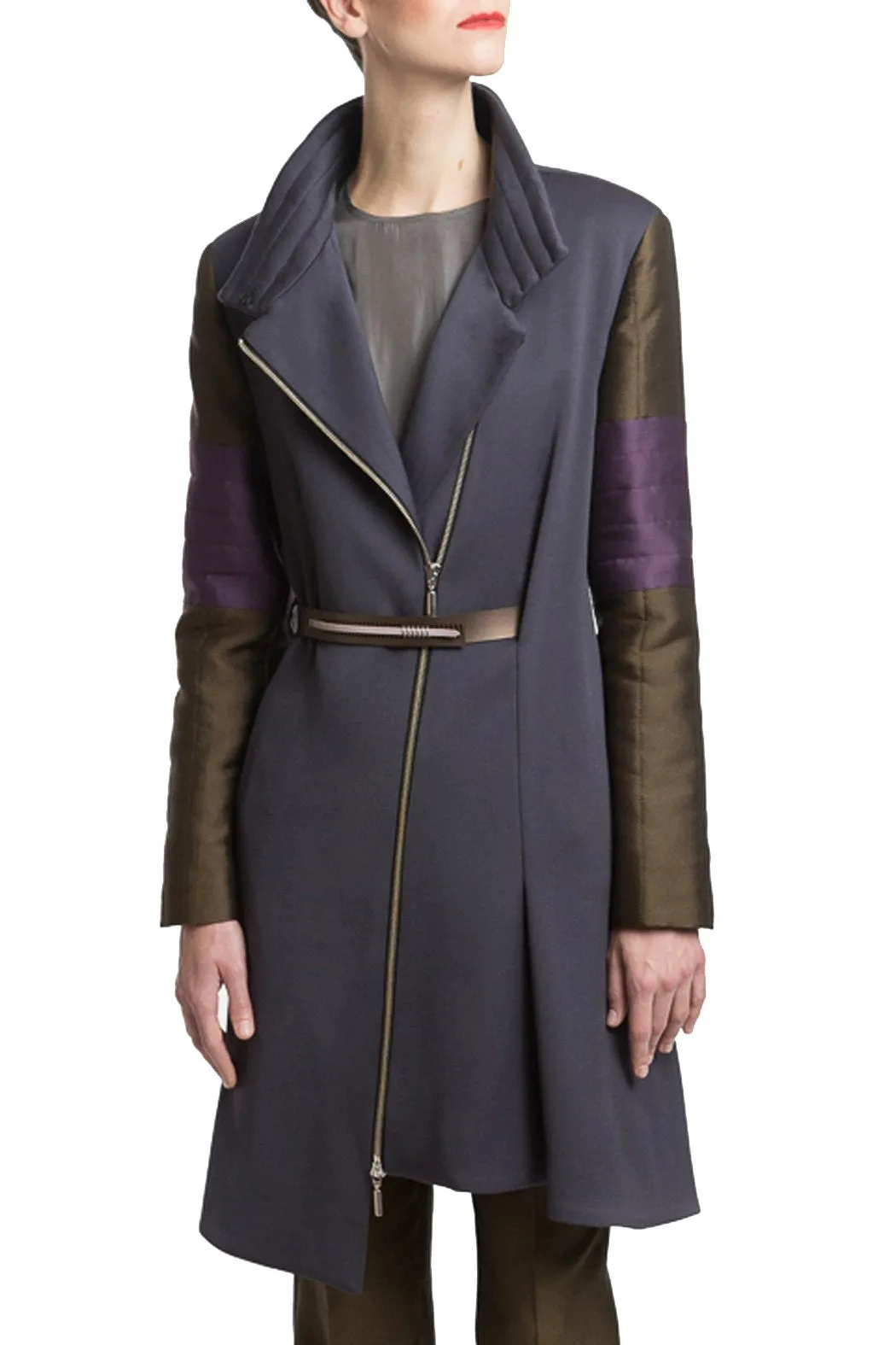 Wool Coat in Grey with Green and Purple Sleeves